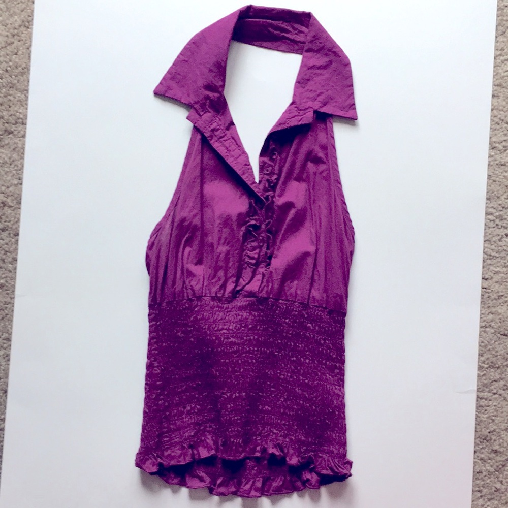 💜RETRO MAX RAVE XS Grape /Lilac Purple Sleeveless Halter Crop Top w collar- XS
